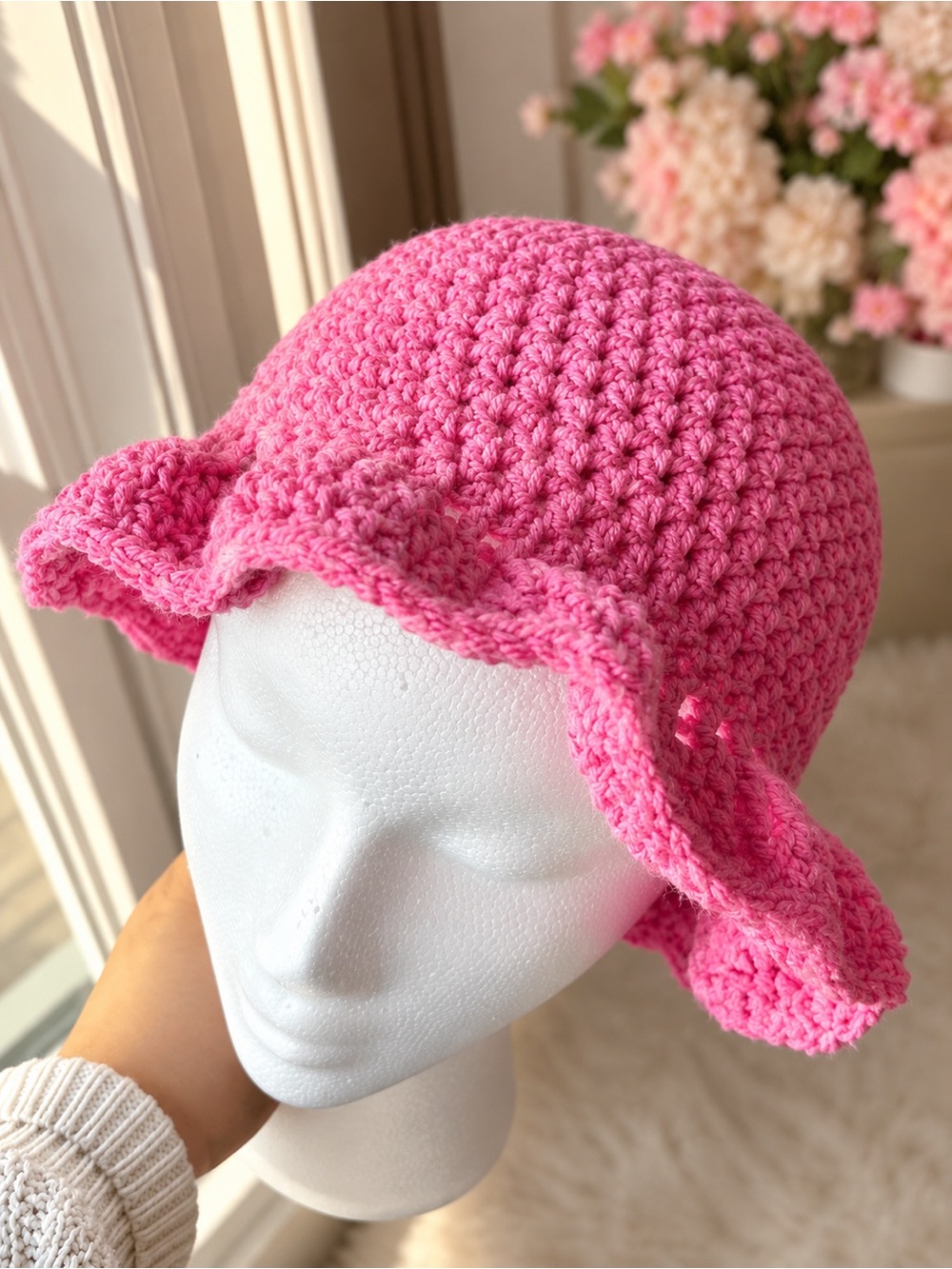 Hand-Crocheted Pink Ruffled Bucket Hat - Women Accessories